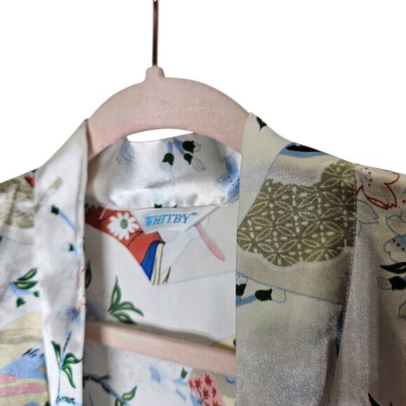 Whitby Silver Satin Kimono Robe Medium With Japanese Geisha Print & Floral Desig - Picture 3 of 6